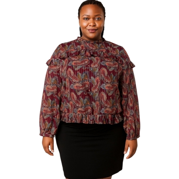 New Cato Women's Plus Sheer Paisley Ruffle Gold Purple Dress Blouse Top 22/24W - Picture 1 of 6